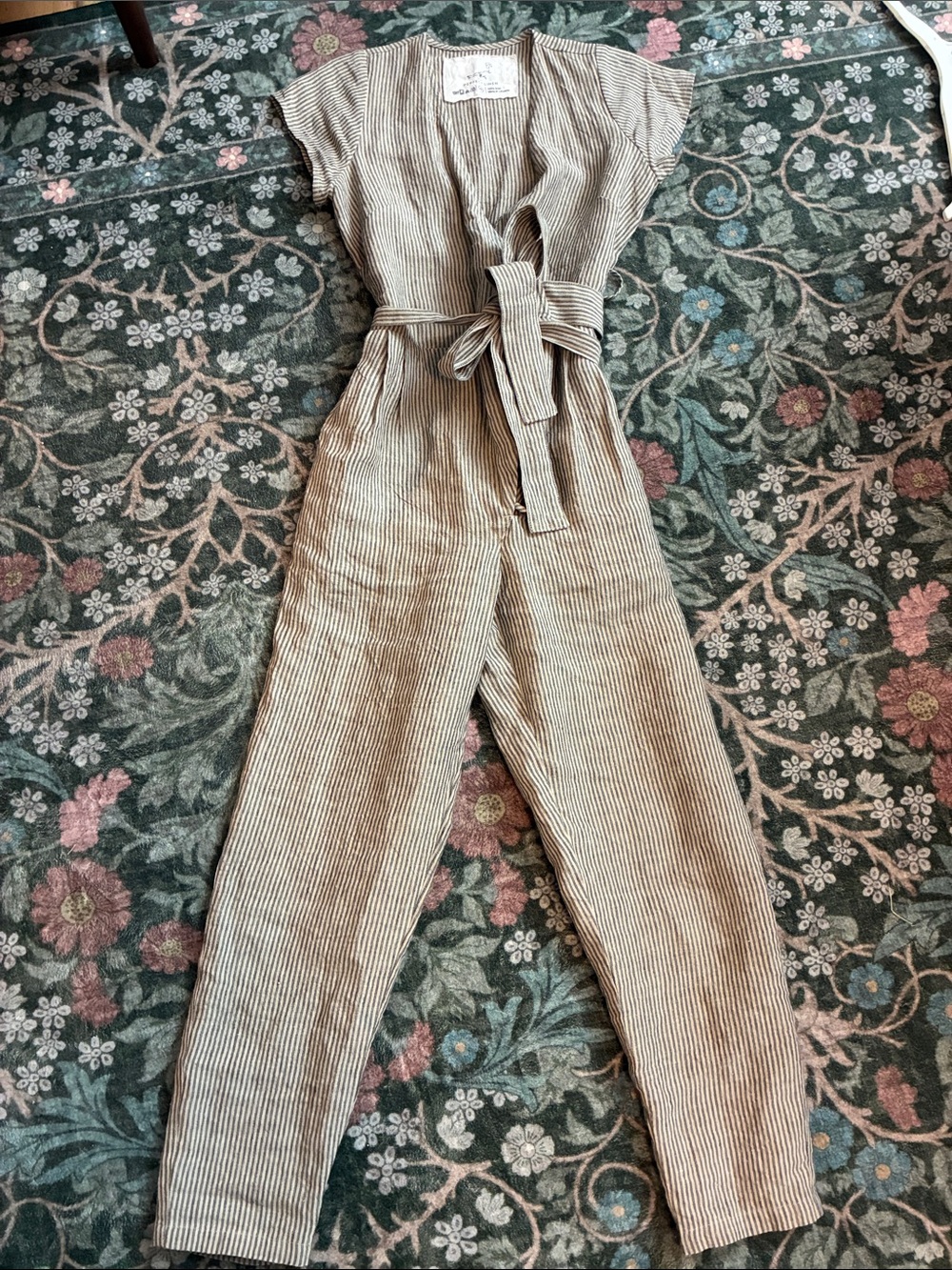 Not Perfect Linen MARGARET wrap linen jumpsuit: XS Color Natural/Grey Stripes - Picture 2 of 5